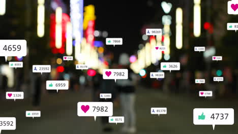 animación de iconos y números de redes sociales sobre semáforos desenfocados