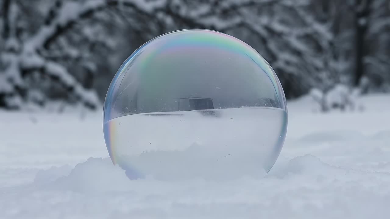 Krystalklar sæbeboble på tværs af sne i en frostklar skovrydning, frost spreder sig