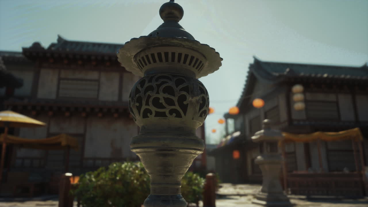 un primer plano de una linterna tradicional china en un patio del templo