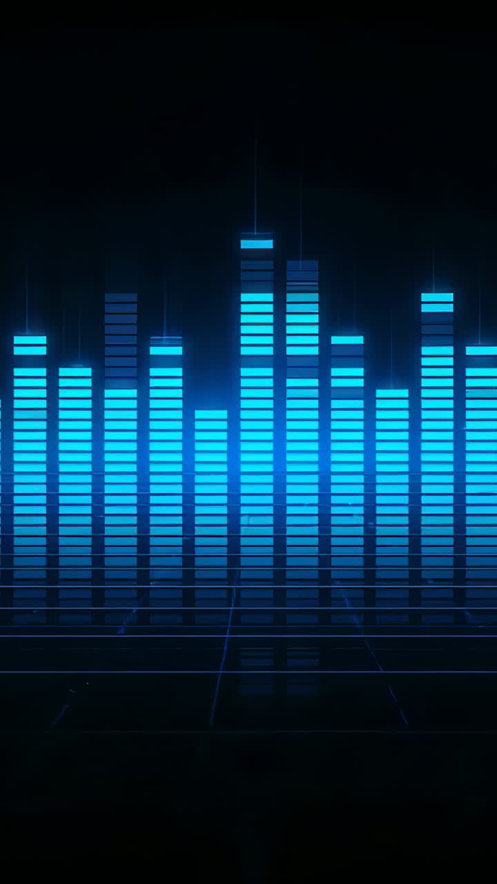 Vertical video: Pulsing blue equalizer bars shifting heights in virtual studio, reacting to beat
