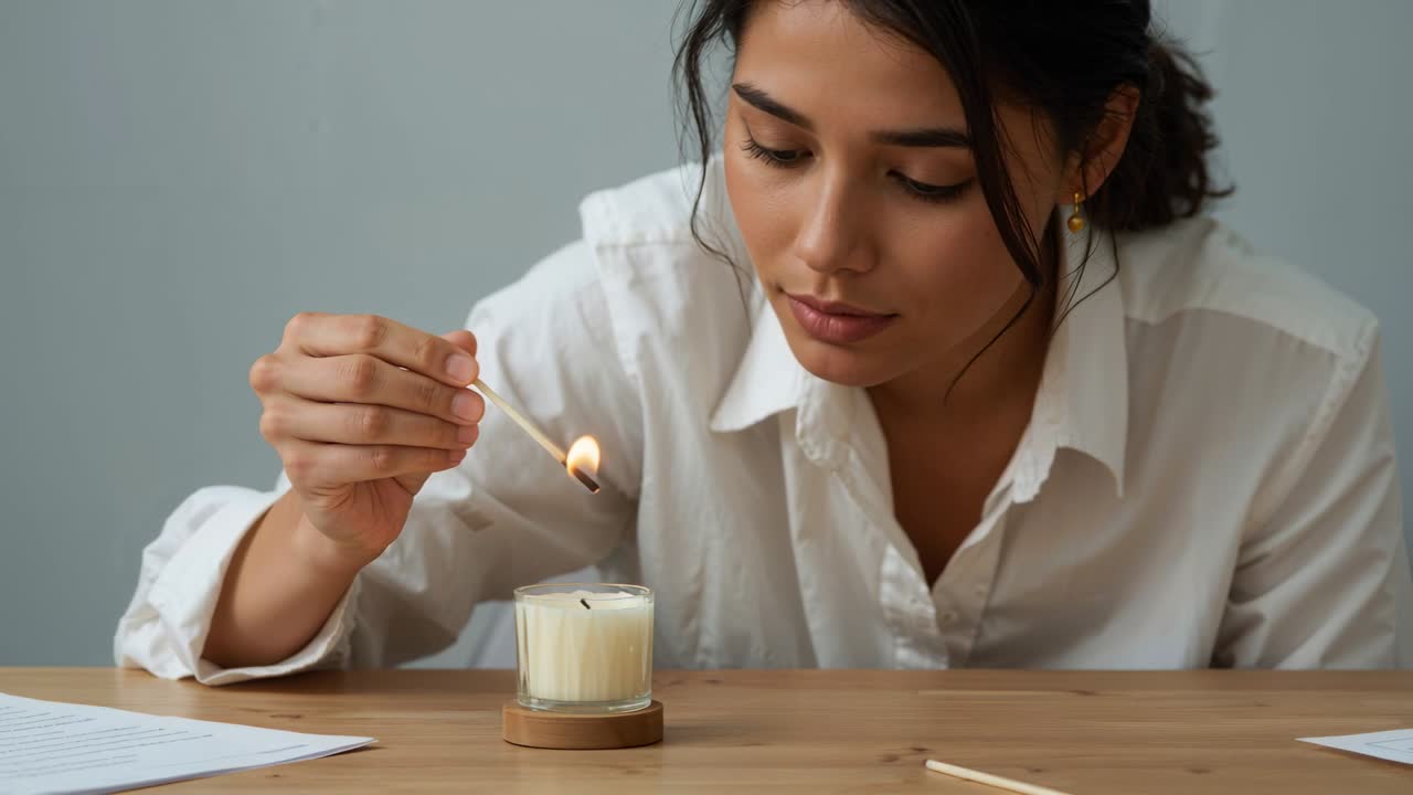 Reaching for match, woman in white shirt lighting glass candle at wooden table to create light