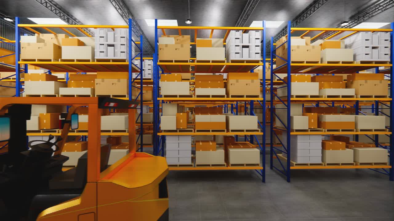 Warehouse with cardboard boxes inside on pallets racks, logistic center. Loft modern warehouse. Cardboard boxes on a conveyor belt in a warehouse, 4K 3D rendering  animation .