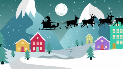 Animation-of-snow-falling-over-santa-claus-in-sleigh-pulled-by-reindeers-and-winter-landscape