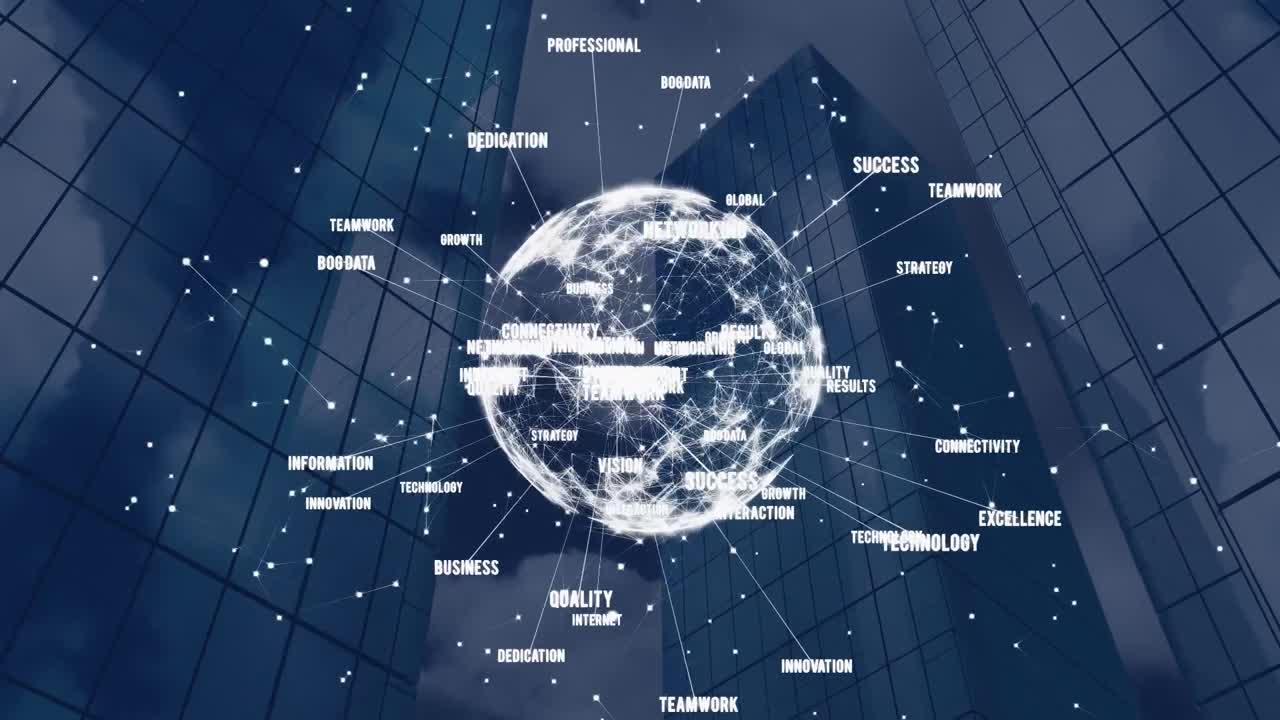 비즈니스 단어들로 구성된 회전하는 지구의 애니메이션