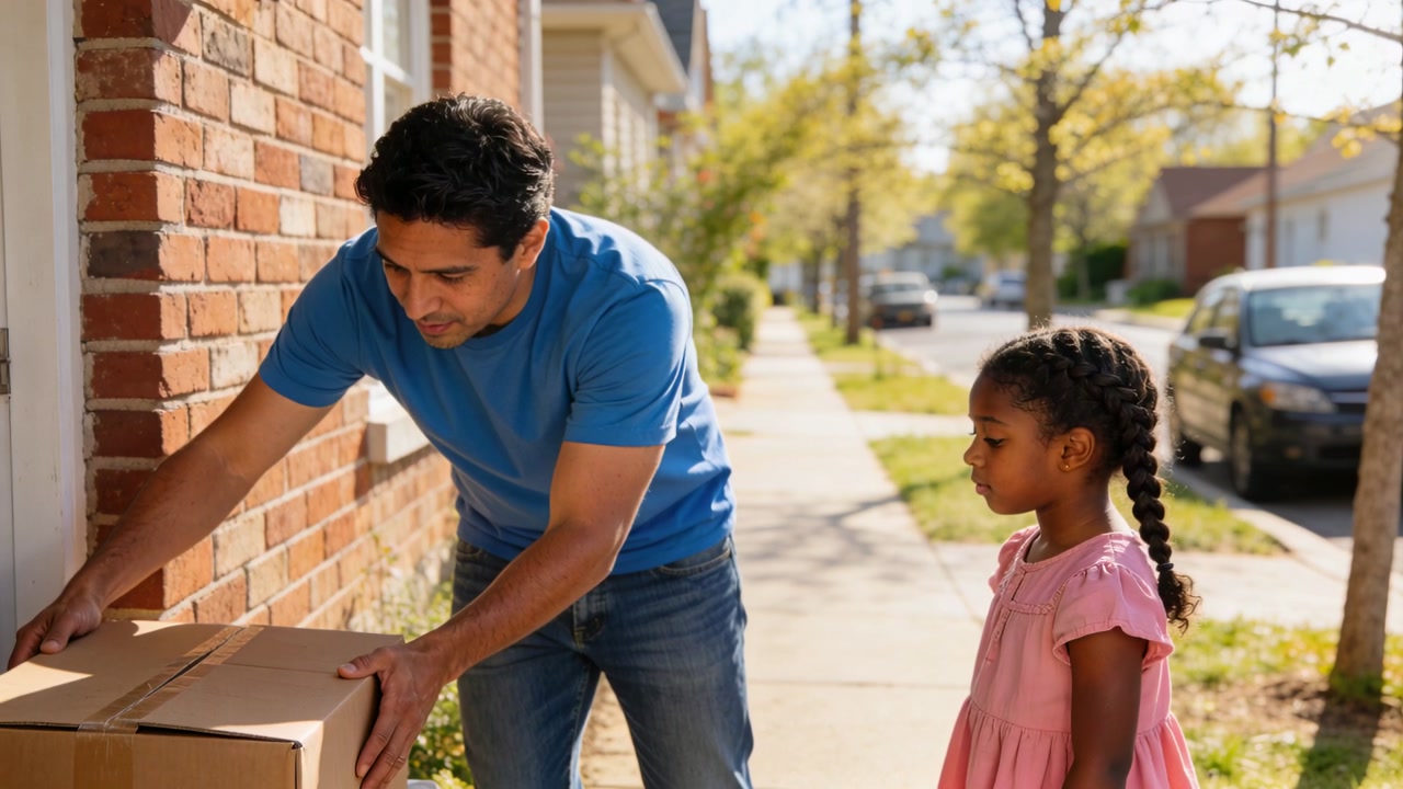 Arriving man blue tee placing cardboard box on doorstep for delivery, child in pink dress watching