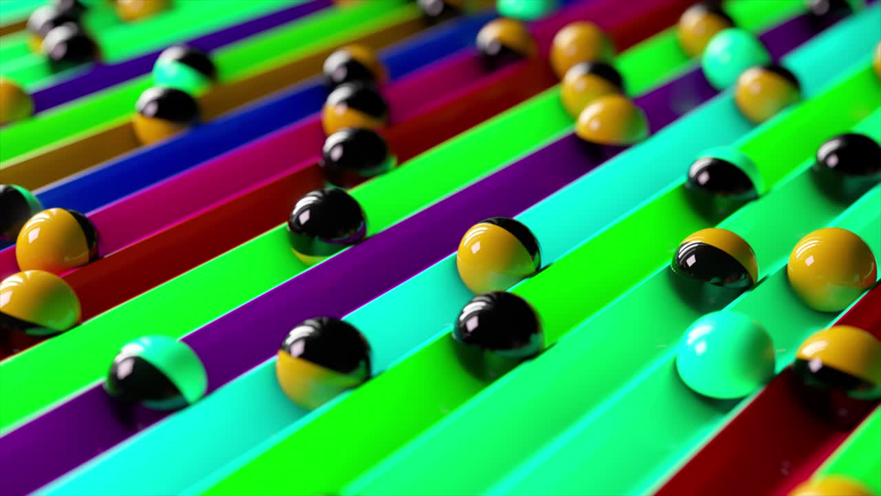 Bright colorful background with rolling balls along the paths. Minimalism and fashion concept. 3d animation of a seamless loop