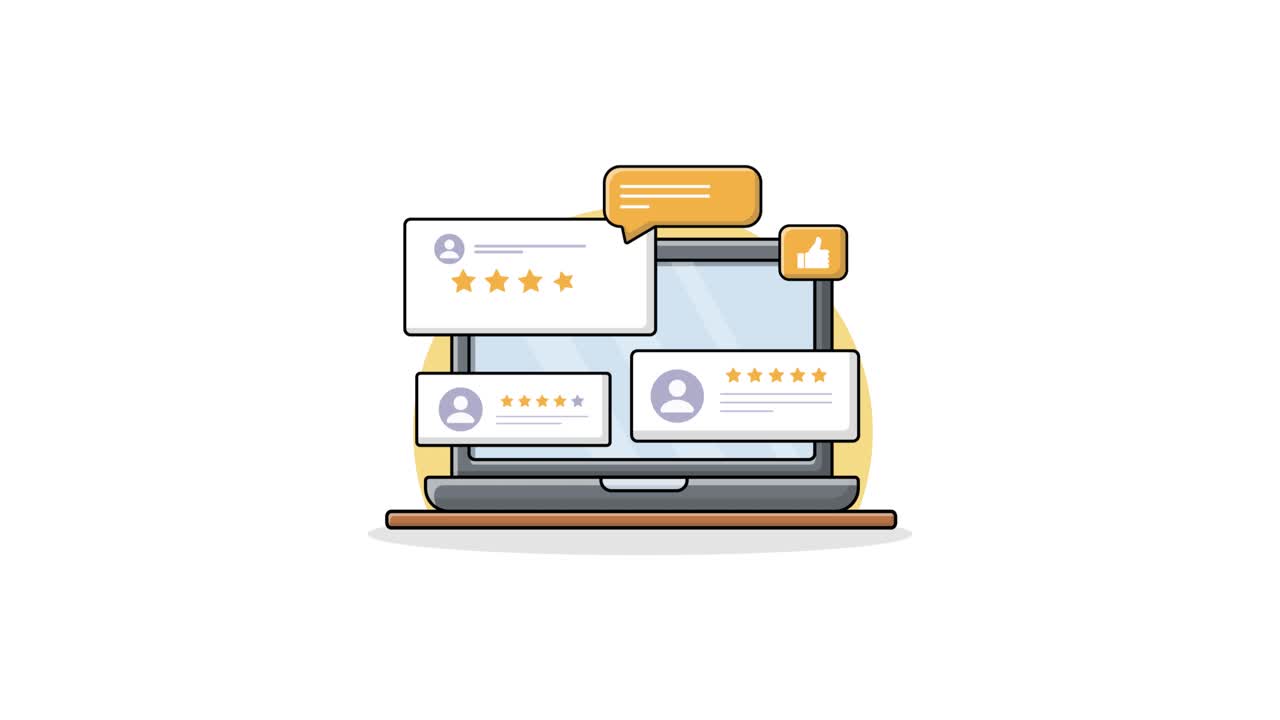 Animated Laptop Displaying Online Customer Reviews and Ratings