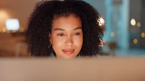 night, search and computer with woman in office
