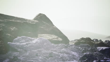 rock formation near coast during foggy morning light