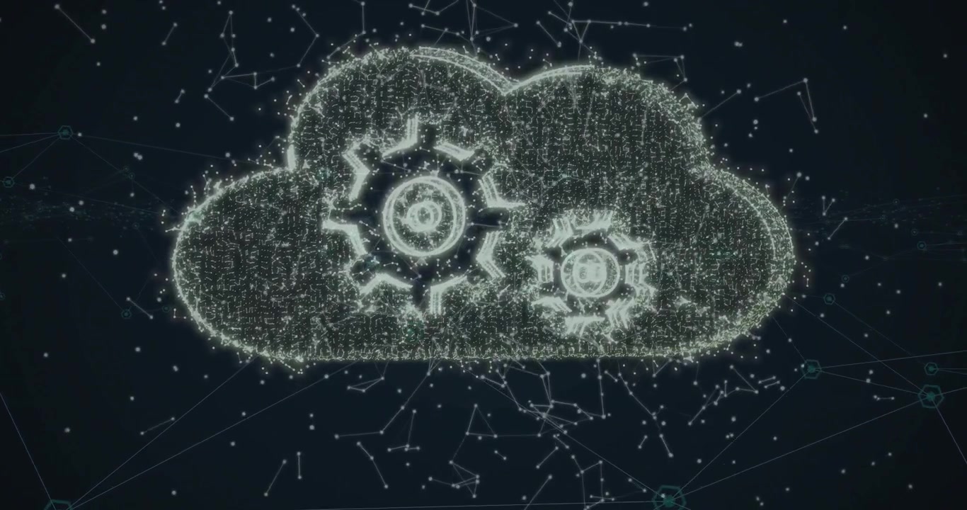 Drifting nodes accelerating into bar morphing into cloud icon with pulsing gears showing data flow