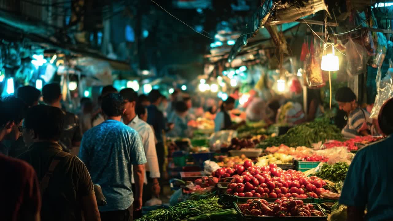 Vibrant Night Market Scene: A Bustling Bazaar Filled with Fresh Produce and Colorful Vegetables Under Soft Lights in a Lively Urban Environment