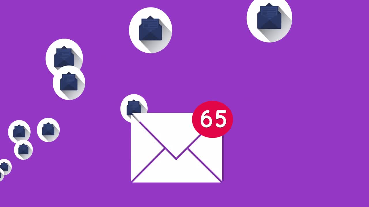 Icona busta con numeri crescenti su icone di messaggi su sfondo viola.
