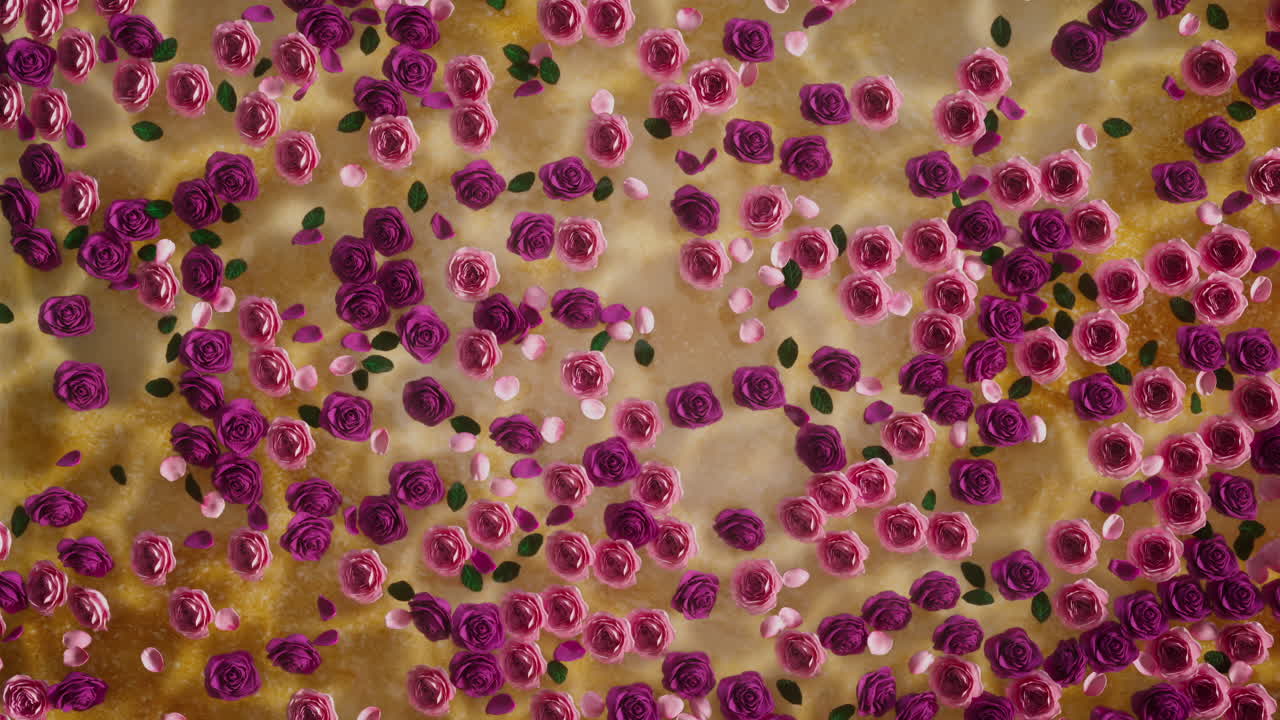 rosas con pétalos flotan en el agua sobre un fondo dorado