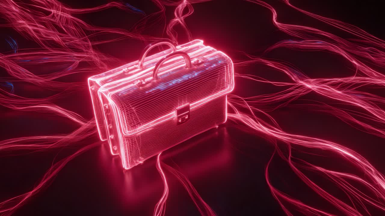 A mesmerizing visual representation of a glowing briefcase surrounded by flowing neon lights, emphasizing a captivating blend of technology and artistry, showcasing the intricate details and vibrant colors