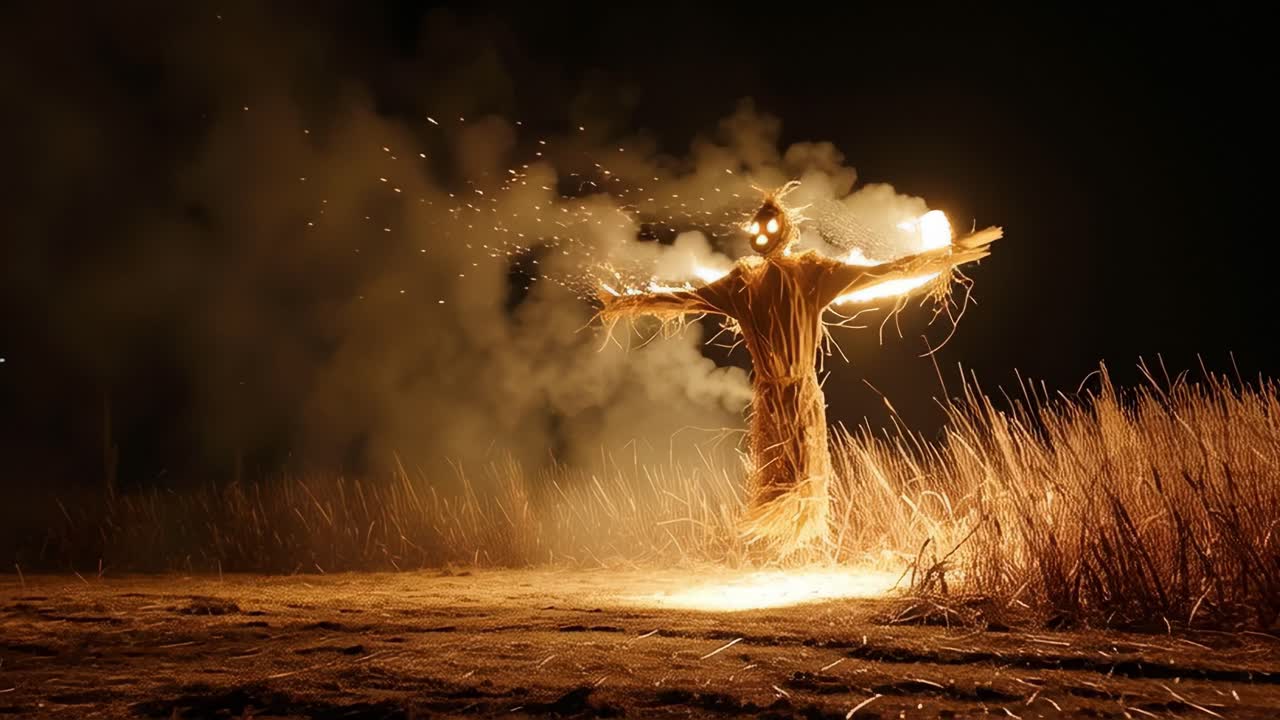A Mysterious Scarecrow Comes to Life Amidst a Fiery Display in a Darkened Field, Illuminating the Night with Sparks and an Enigmatic Glow