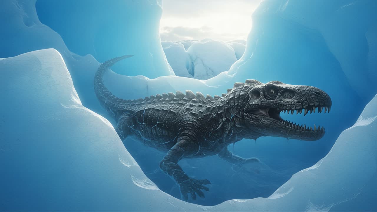 A prehistoric creature emerges from an icy landscape, its fierce appearance and sharp teeth highlighting the stark contrast between the cold environment and its ancient power