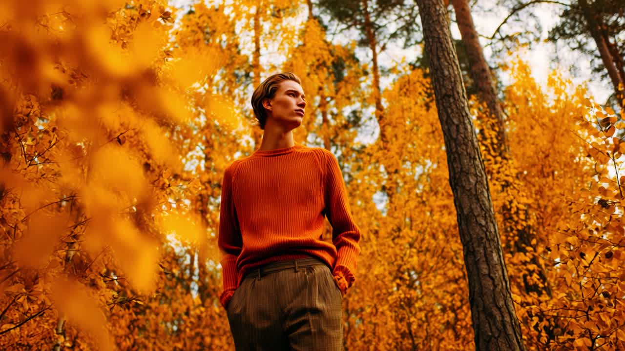 A Journey Through Autumn: Capturing the Essence of a Young Man in Orange Sweater Surrounded by Vibrant Fall Foliage, Immersed in Nature's Golden Palette Amidst Majestic Trees