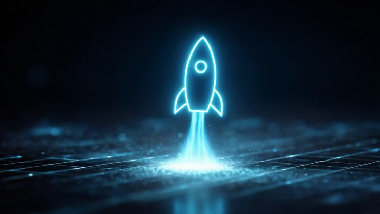 Glowing blue rocket icon launching from a futuristic digital grid, symbolizing a successful business startup, innovation, fast growth, and technology development on a dark abstract background