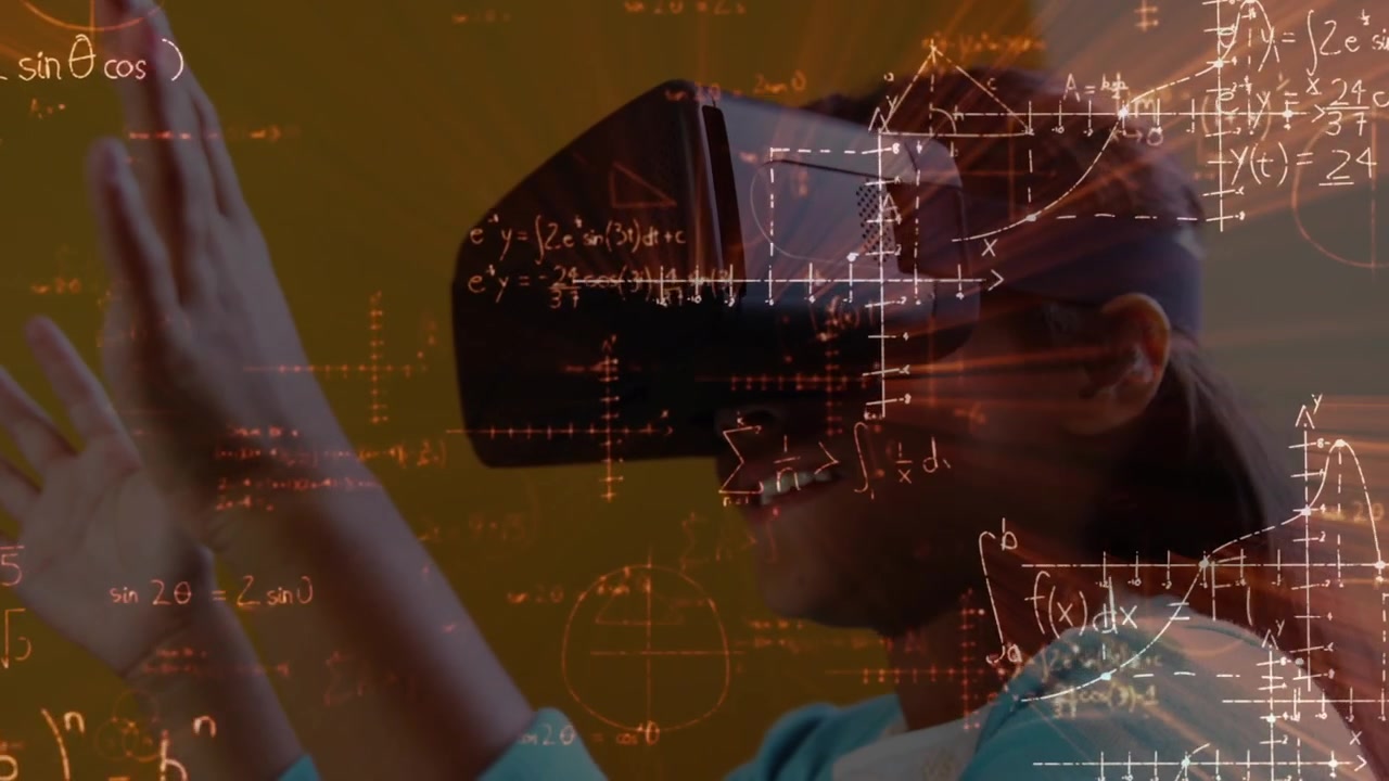 Animation of mathematical equations over schoolgirl using vr headset
