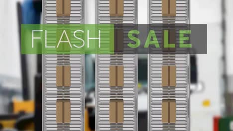 animation of flash sale text over cardboard boxes on conveyor belts