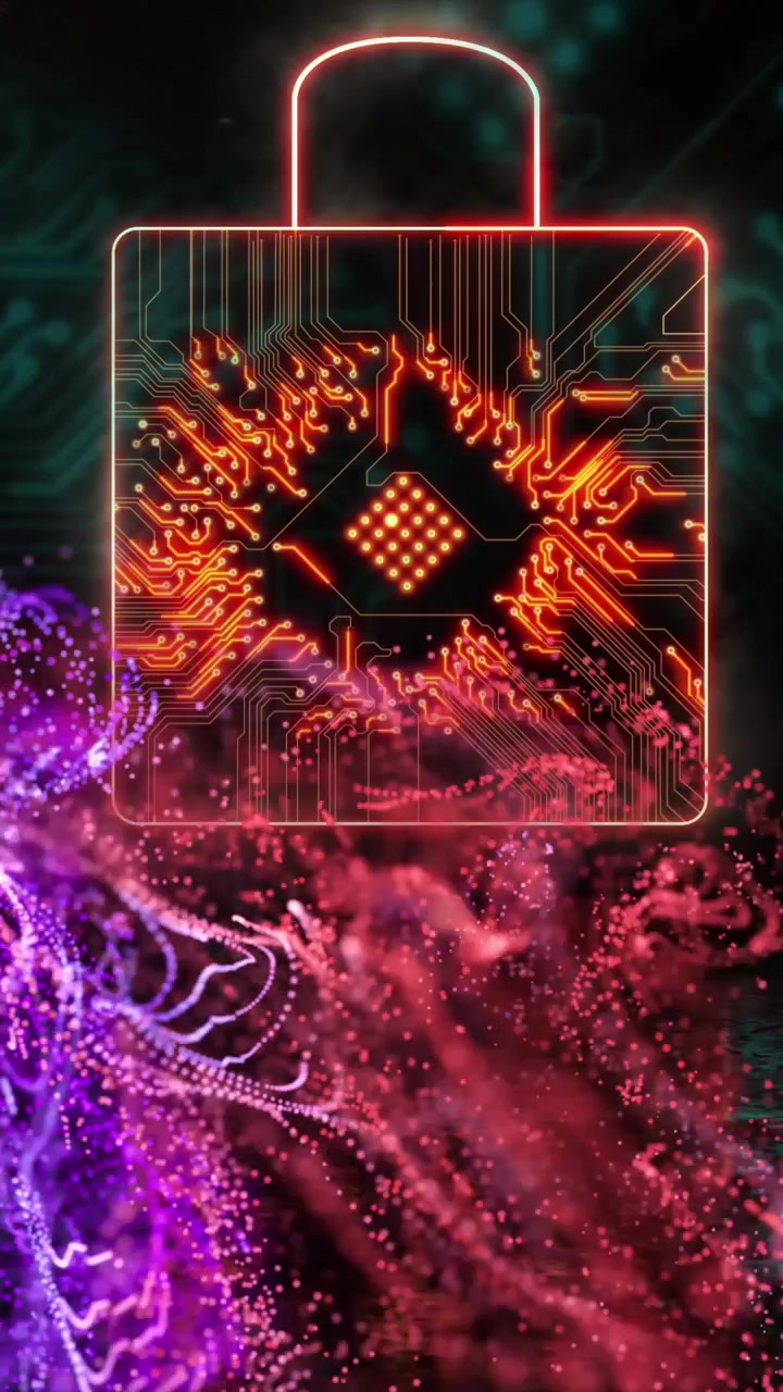 Animation of purple shapes over padlock icon with computer circuit board on black background