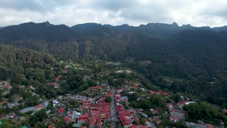 backwards-drone-shot-of-mineral-del-chico-town-in-Hidalgo-Mexico