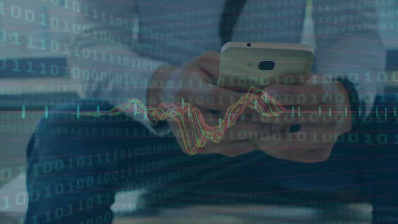 animación del procesamiento de datos financieros contra la sección media de los empresarios que utilizan teléfonos inteligentes.