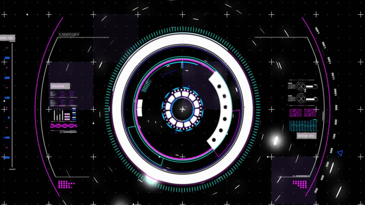 검은 바탕에 통계를 표시하는 원형 범위 스캐닝과 디지털 인터페이스의 애니메이션