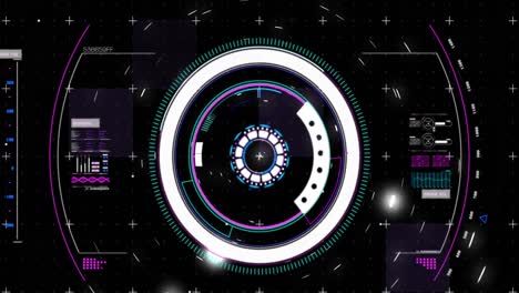 animación de escaneo de alcance circular e interfaz digital que muestra estadísticas en un fondo negro