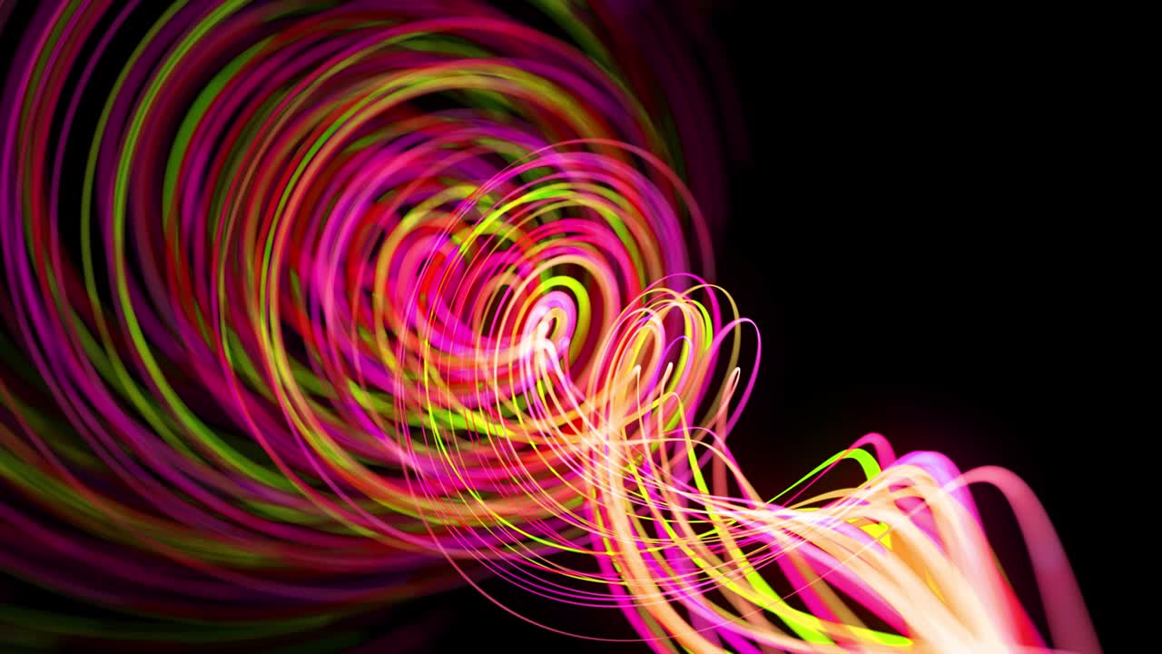 Light flow bg in 4k. Abstract looped background with light trails, stream of green red yellow neon lines in space move to form spiral shapes. Modern trendy motion design background light effect