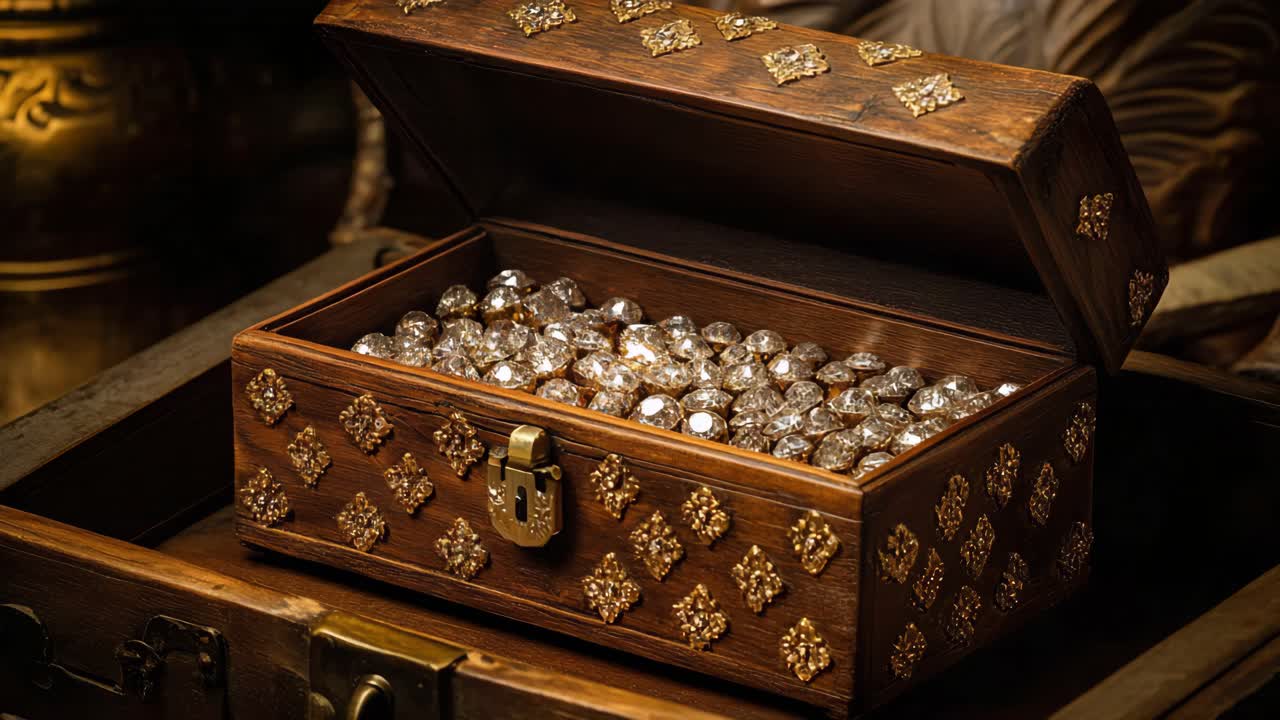 Antique Wooden Jewelry Box Filled with Diamonds