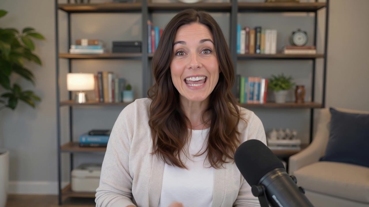 Donna bruna che parla in un microfono durante la registrazione di un podcast o di un video all'interno.