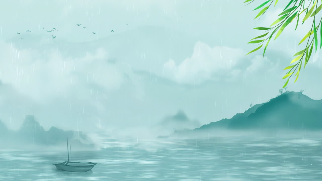 낮에는 고대 중국 전통 일본 풍경 잉크 그림 아름다운 평온한 나무, 산, 꽃, 호수, 물, 새, 파란 하늘, 배, 체리 꽃의 계절