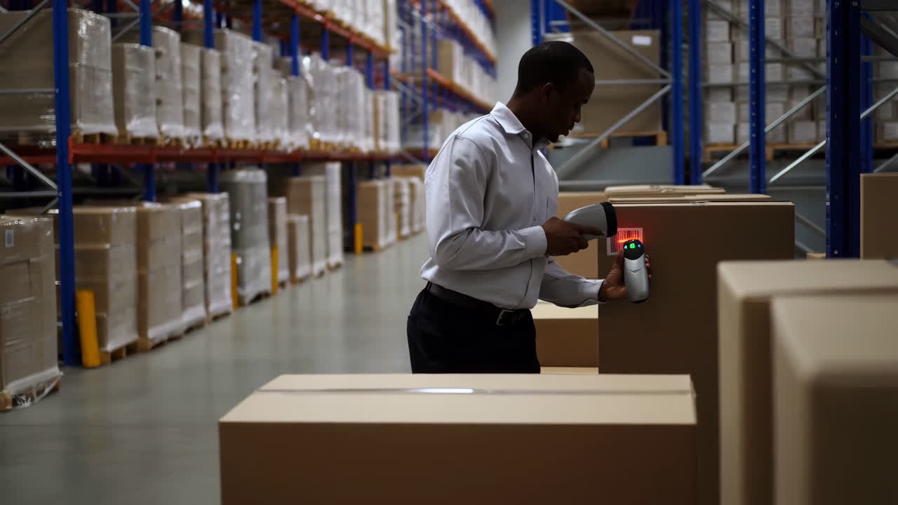A man scanning a barcode on a box in a warehouse