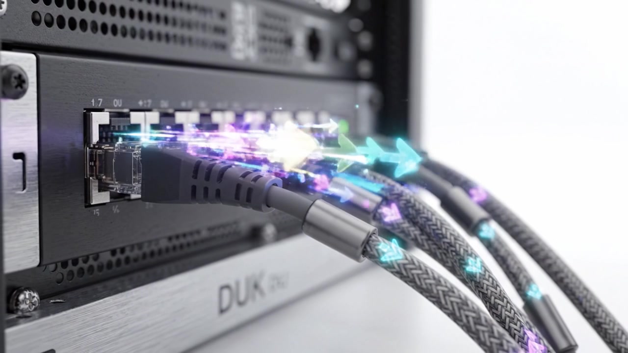 High-Tech Network Connection with Data Cables and Switchboard in Modern Digital Infrastructure, Showcasing Advanced Connectivity and Data Transfer in Action