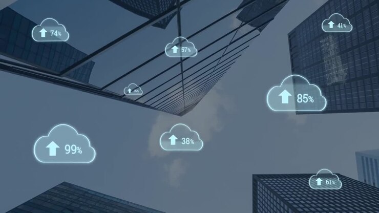 Animation of cloud icons with percentage and buildings in background