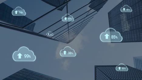 animación de iconos de nubes con porcentaje y edificios en el fondo