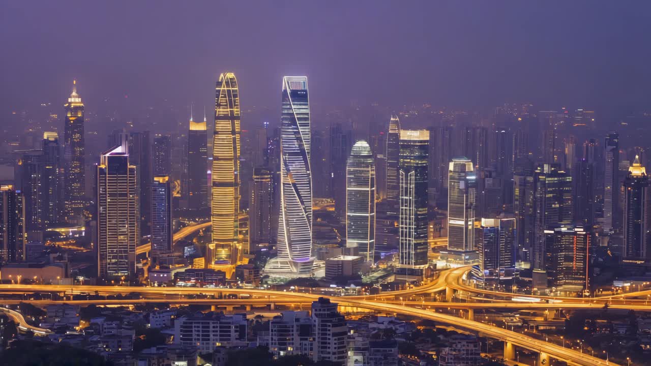 Nighttime Cityscape with Illuminated Skyscrapers and Busy Highways