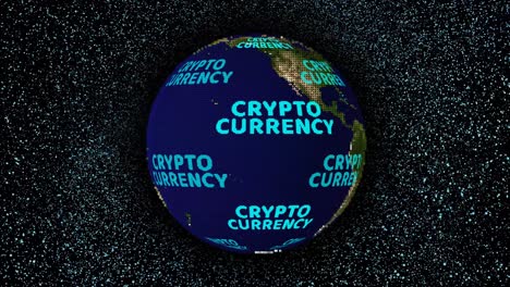 mappa del mondo con criptovaluta testo blu digitale piccola palla rotante e cento palla volante sullo schermo nero