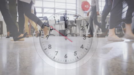 animation of clock moving over diverse business people walking in office