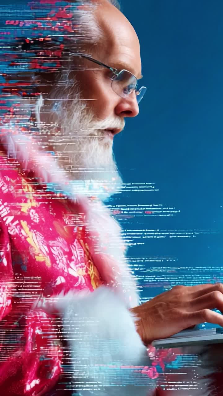 A majestic figure adorned in vibrant festive attire, showcasing a shimmering robe and wispy beard, deeply engaged in an online interaction, embodying the spirit of joy and connectivity during a magical holiday season