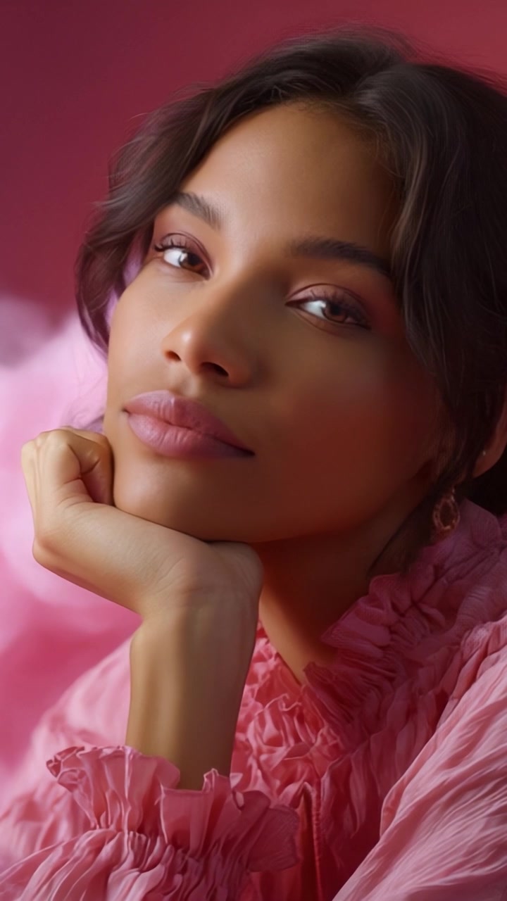 Ritratto accattivante di una giovane donna in camicetta rosa su uno sfondo rosa tenue, che mostra bellezza, espressione ed eleganza artistica.