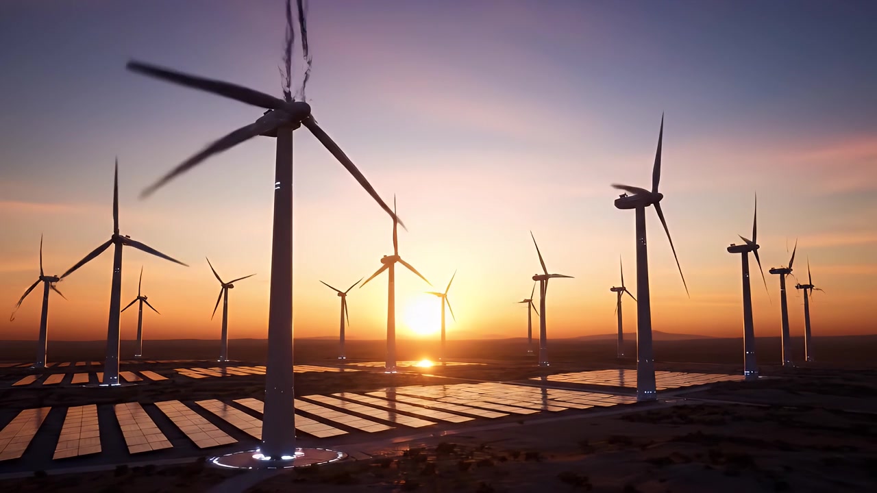 Wind Turbines and Solar Panels at Sunset