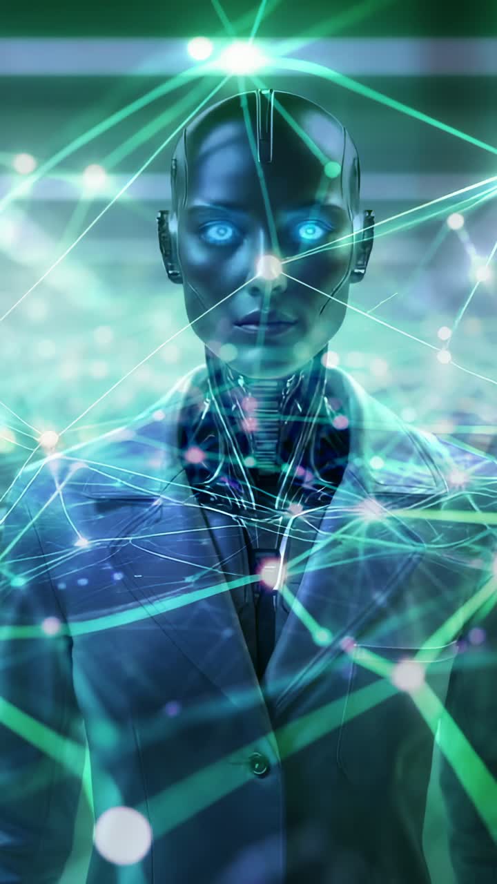 Vertical video: Shifting network lines causing android turning and stepping toward orb, cityscape