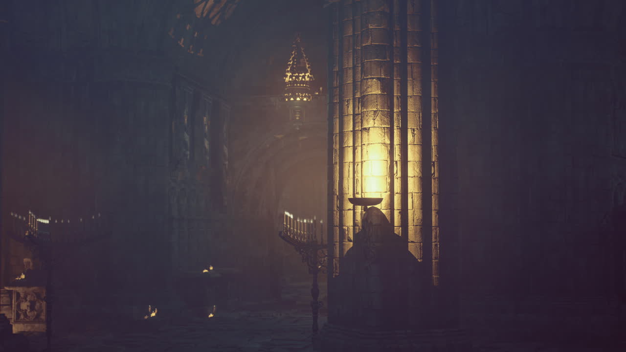 Mysterious ruins illuminated by candlelight in an ancient cathedral setting