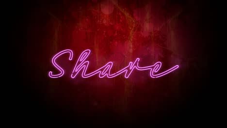 animation of pink neon style word share flickering on dark red background