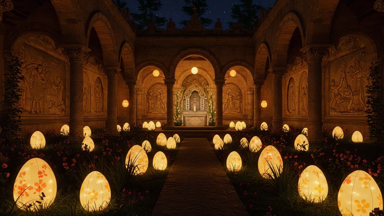 A Mystical Night Garden Illuminated by Glowing Eggs in an Ancient Ruin, Inviting Wonder and Magic Beneath a Starry Sky with Elegant Stone Carvings