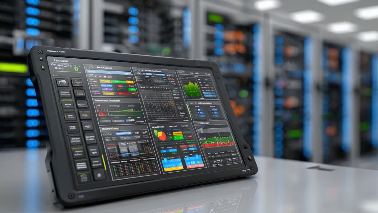 Advanced Data Visualization Dashboard Displayed on Tablet in a High-Tech Server Room, Showcasing Real-Time Analytics and Monitoring Metrics for Effective Management
