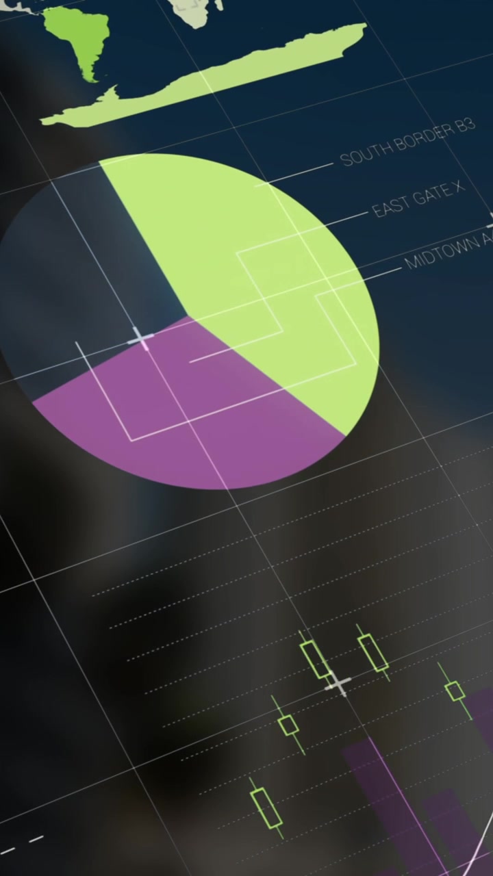 Animazione di elaborazione dati statistici su una rete a griglia sullo sfondo di grattacieli.