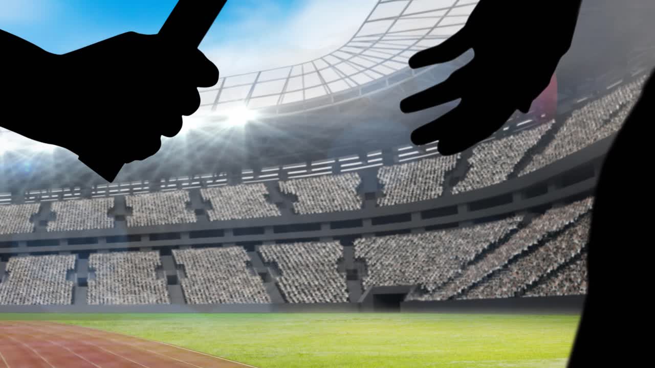 Animation of athlete's hands passing relay baton over sports stadium